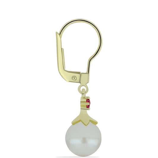 Arannyal Bevont Ezüst Fülbevaló Fehér Édesvízi Kagylógyönggyel és Madagaszkári Rubinnal