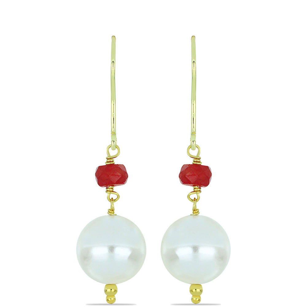 Arannyal Bevont Ezüst Fülbevaló Fehér Édesvízi Kagylógyönggyel és Madagaszkári Rubinnal 1 