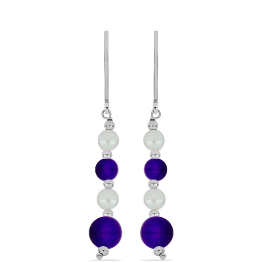 Ezüst Fülbevaló Bíbor Jádéval és Fehér Édesvízi Kagylógyönggyel