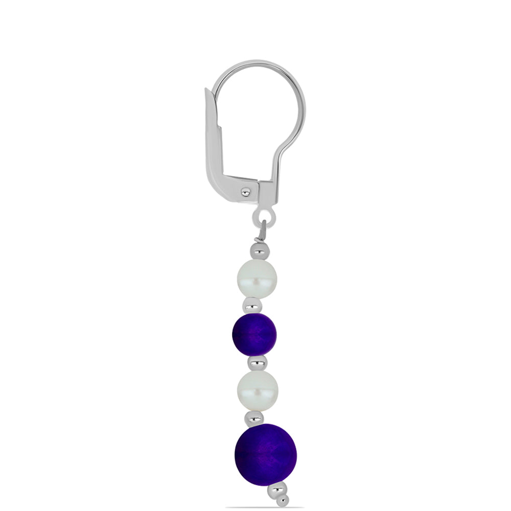 Ezüst Fülbevaló Bíbor Jádéval és Fehér Édesvízi Kagylógyönggyel