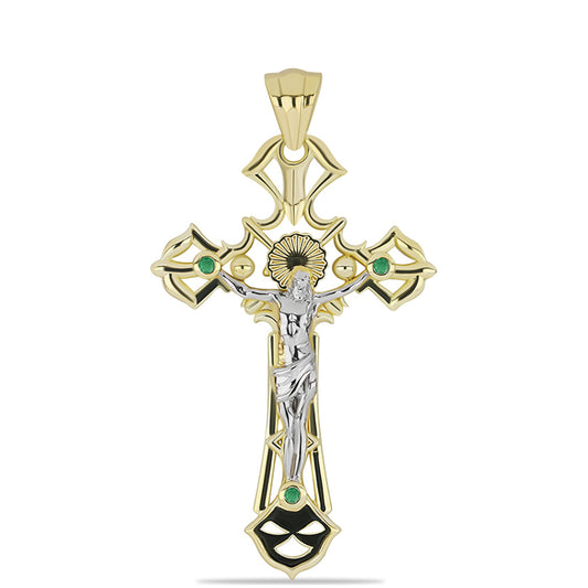 Kereszt Sárga és Fehér Arannyal Bevont Ezüst Medál Brazil Smaragddal