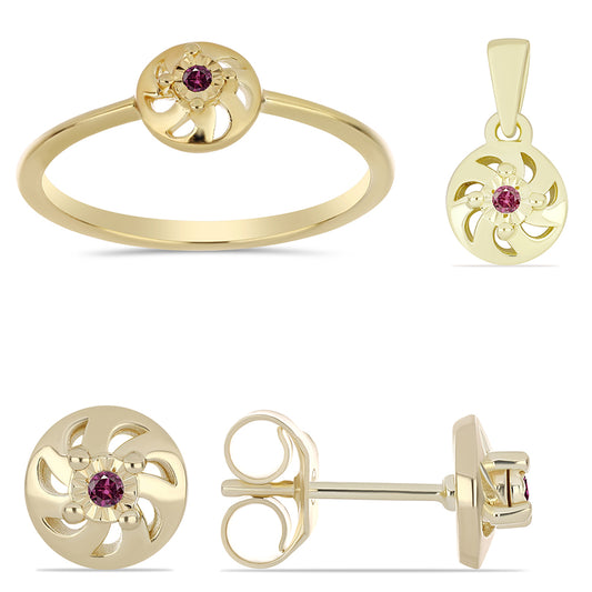 Arannyal Bevont Ezüst Szett Bíbor Gyémánttal ( Fülbevaló+Gyűrű+Medál )