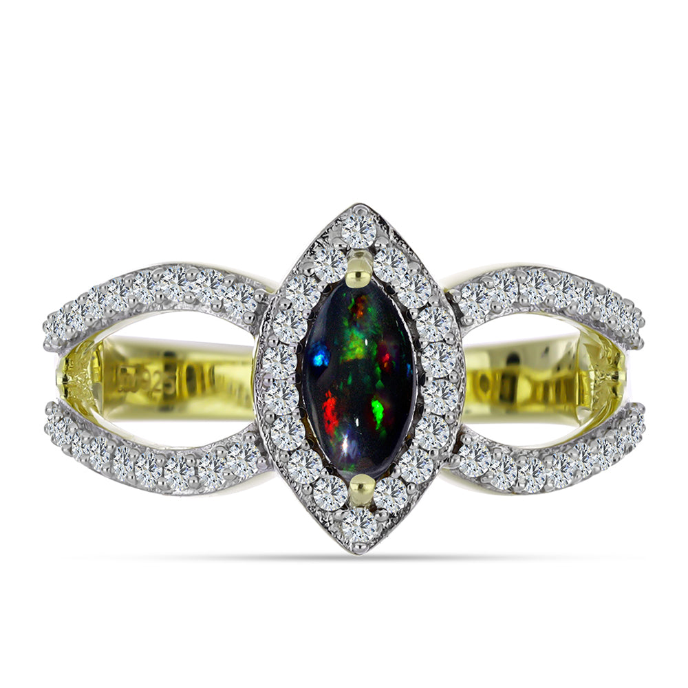 Arannyal Bevont Ezüst Gyűrű Lega Dembi Éjfekete Etiópiai Opállal és Fehér Topázzal 1 