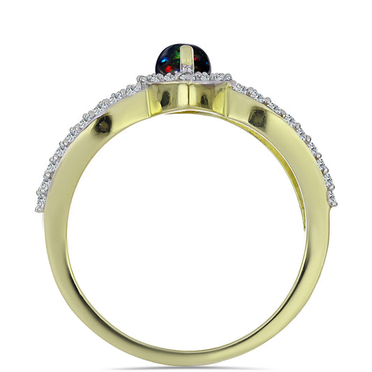 Arannyal Bevont Ezüst Gyűrű Lega Dembi Éjfekete Etiópiai Opállal és Fehér Topázzal