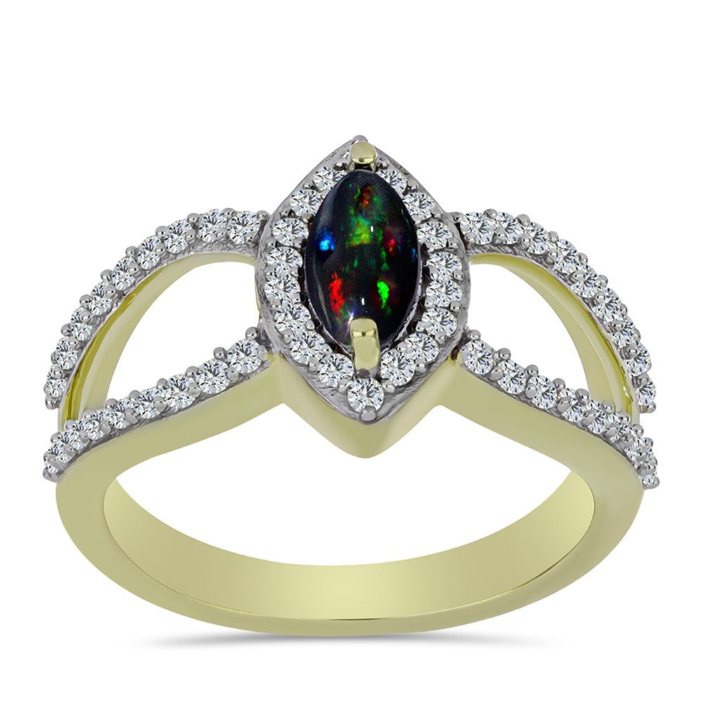 Arannyal Bevont Ezüst Gyűrű Lega Dembi Éjfekete Etiópiai Opállal és Fehér Topázzal