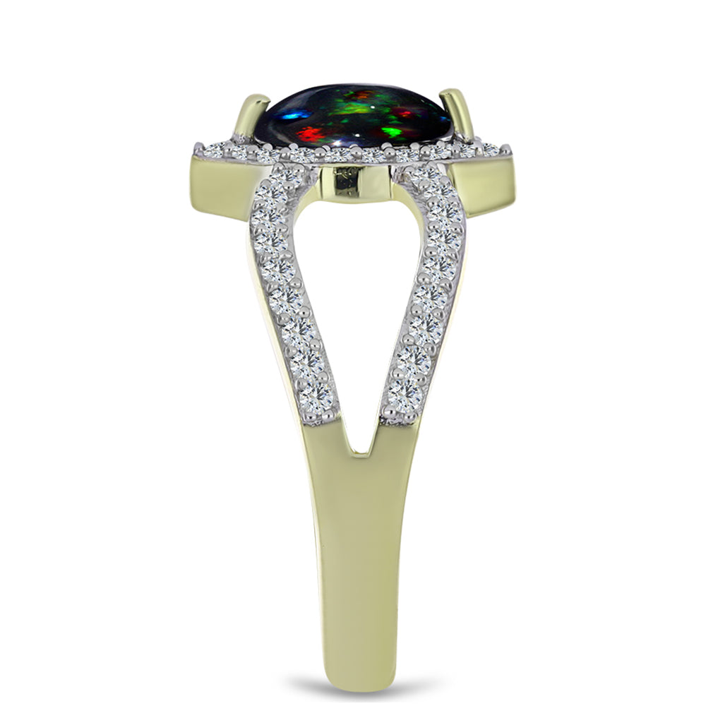 Arannyal Bevont Ezüst Gyűrű Lega Dembi Éjfekete Etiópiai Opállal és Fehér Topázzal