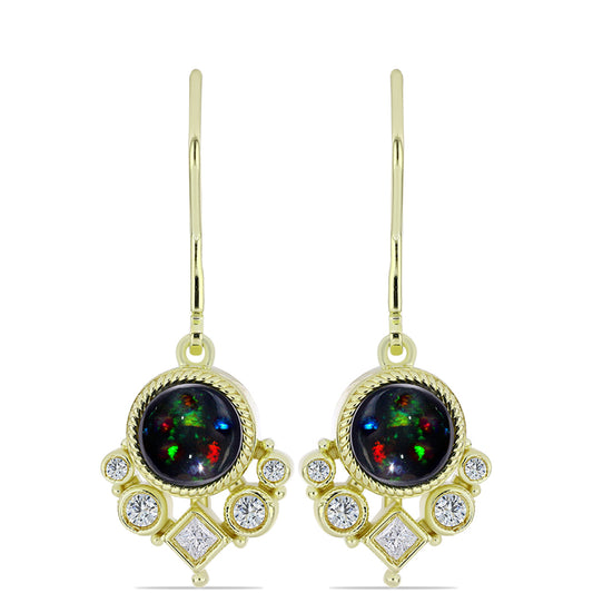 Arannyal Bevont Ezüst Fülbevaló Lega Dembi Éjfekete Etiópiai Opállal és Fehér Topázzal