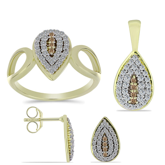 Arannyal Bevont Ezüst Szett Pezsgő Gyémánttal és Fehér Topázzal ( Fülbevaló+Gyűrű+Medál )