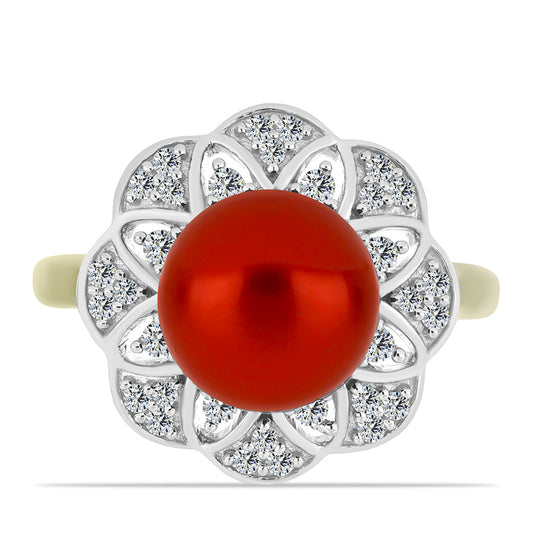 Arannyal Bevont Ezüst Gyűrű Vörös Édesvízi Kagylógyönggyel és Fehér Topázzal