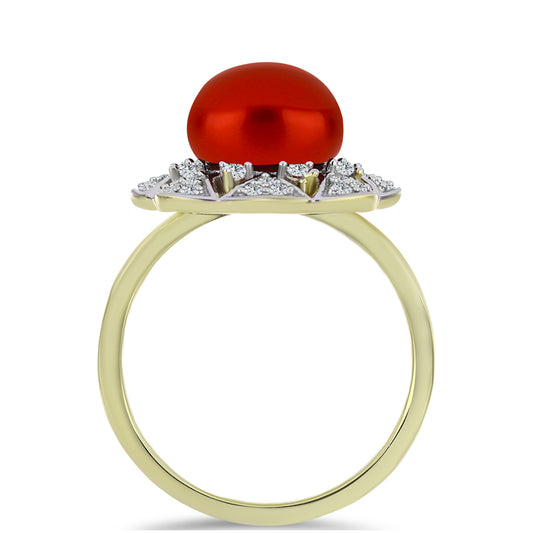 Arannyal Bevont Ezüst Gyűrű Vörös Édesvízi Kagylógyönggyel és Fehér Topázzal