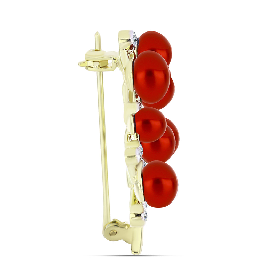 Arannyal Bevont Ezüst Bross Vörös Édesvízi Kagylógyönggyel és Fehér Topázzal 2 