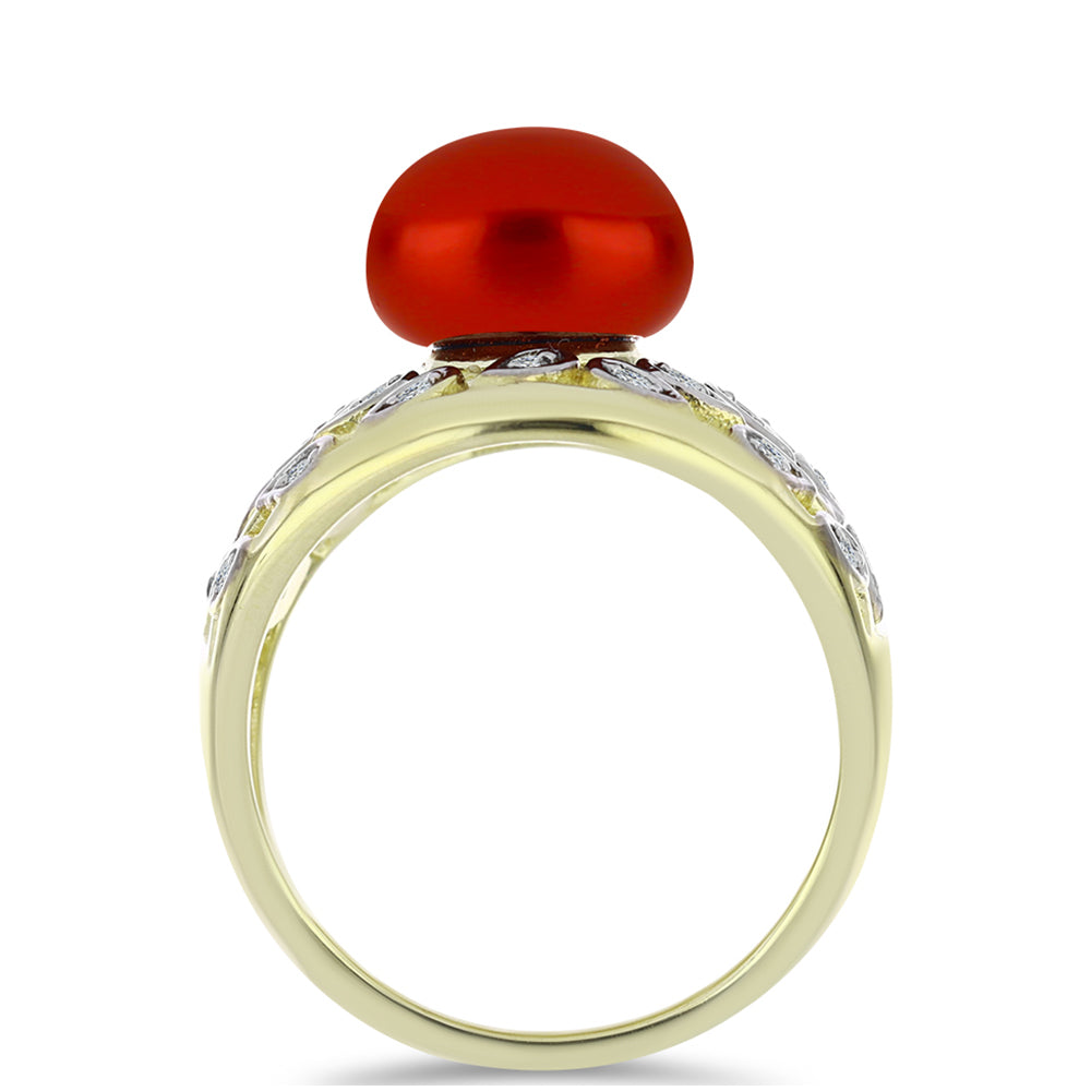 Arannyal Bevont Ezüst Gyűrű Vörös Édesvízi Kagylógyönggyel és Fehér Topázzal 2 