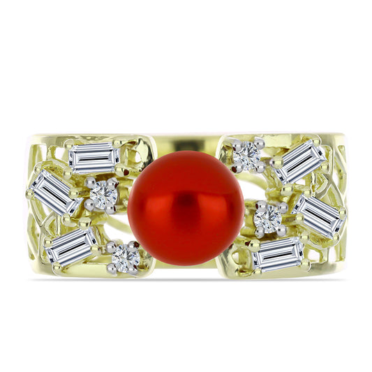Arannyal Bevont Ezüst Gyűrű Vörös Édesvízi Kagylógyönggyel és Fehér Topázzal