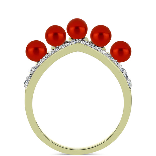 Arannyal Bevont Ezüst Gyűrű Vörös Édesvízi Kagylógyönggyel és Fehér Topázzal