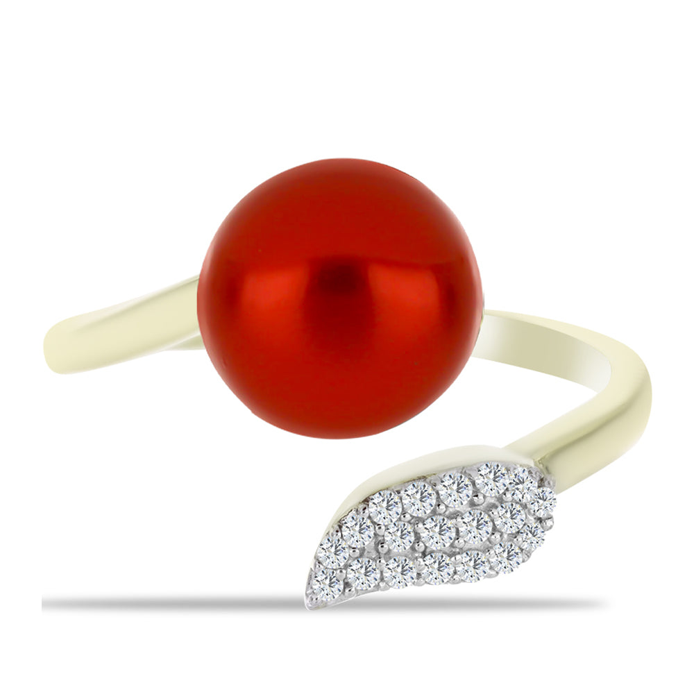 Arannyal Bevont Ezüst Gyűrű Vörös Édesvízi Kagylógyönggyel és Fehér Topázzal 1 