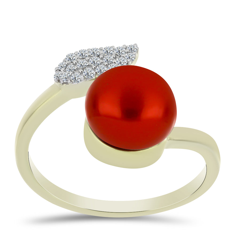 Arannyal Bevont Ezüst Gyűrű Vörös Édesvízi Kagylógyönggyel és Fehér Topázzal