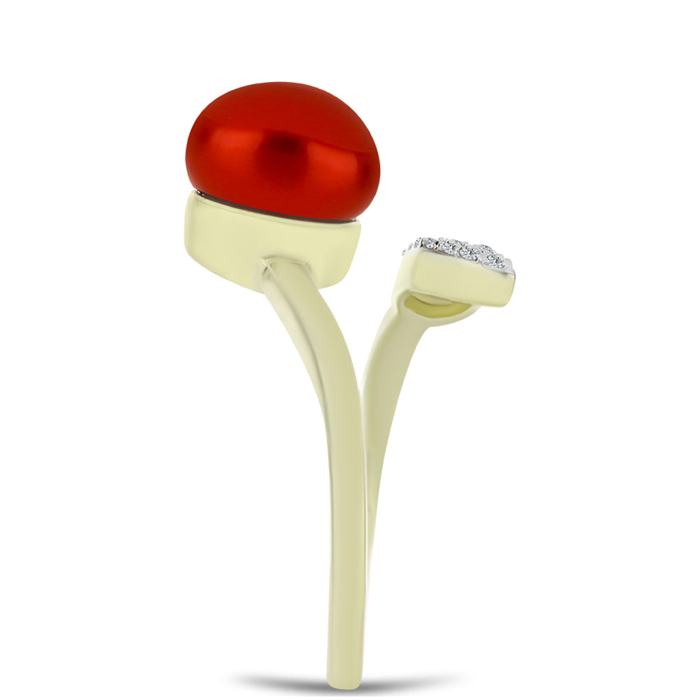 Arannyal Bevont Ezüst Gyűrű Vörös Édesvízi Kagylógyönggyel és Fehér Topázzal 4 