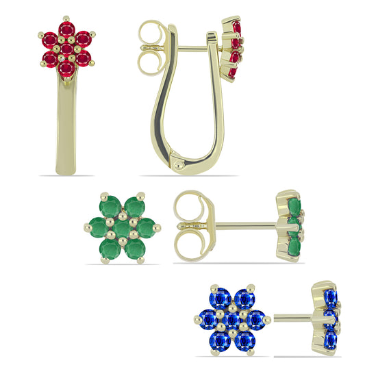 Arannyal Bevont Ezüst Szett Madagaszkári Rubinnal és Brazil Smaragddal ( Fülbevaló )