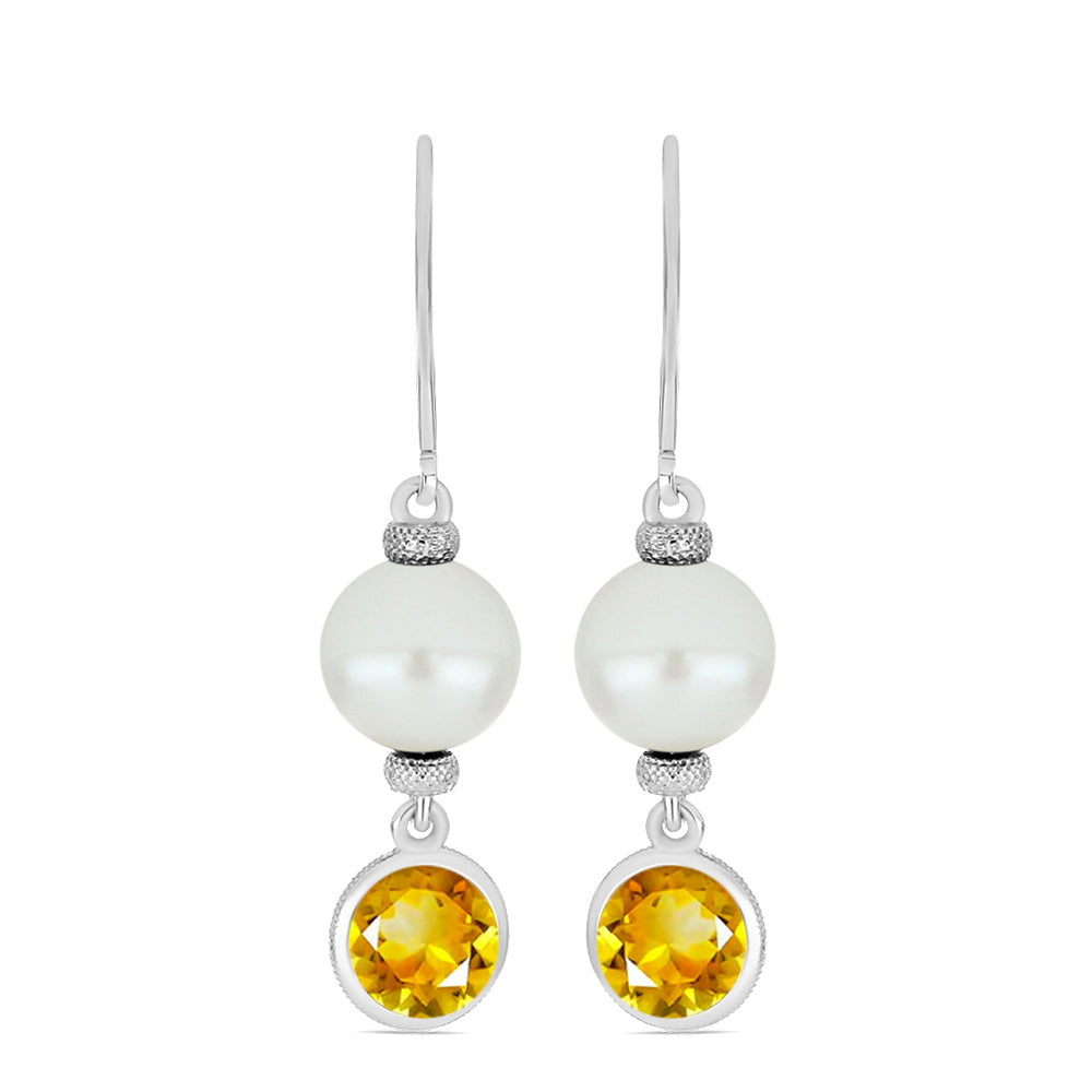 Ezüst Fülbevaló Ural Citrinnel és Fehér Édesvízi Kagylógyönggyel 1 