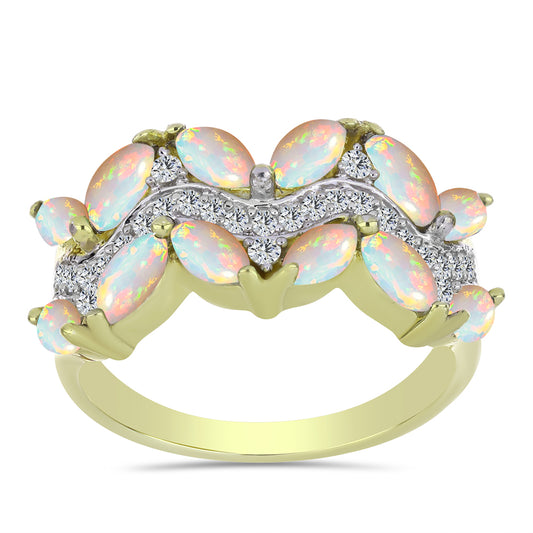 Arannyal Bevont Ezüst Gyűrű Etiópiai Opállal és Fehér Topázzal