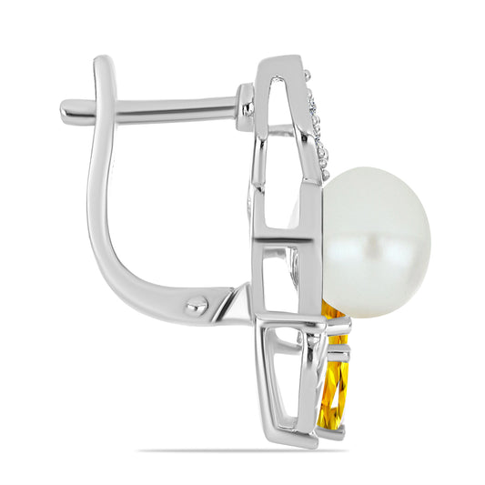 Ezüst Fülbevaló Ural Citrinnel és Fehér Édesvízi Kagylógyönggyel