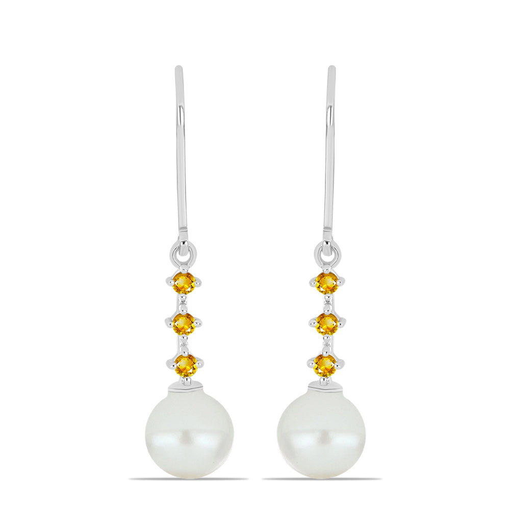 Ezüst Fülbevaló Ural Citrinnel és Fehér Édesvízi Kagylógyönggyel