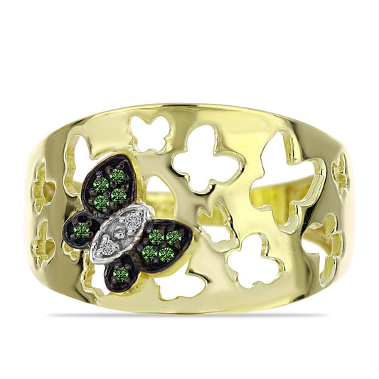 Arannyal Bevont Ezüst Gyűrű Zöld Gyémánttal és Fehér Gyémánttal