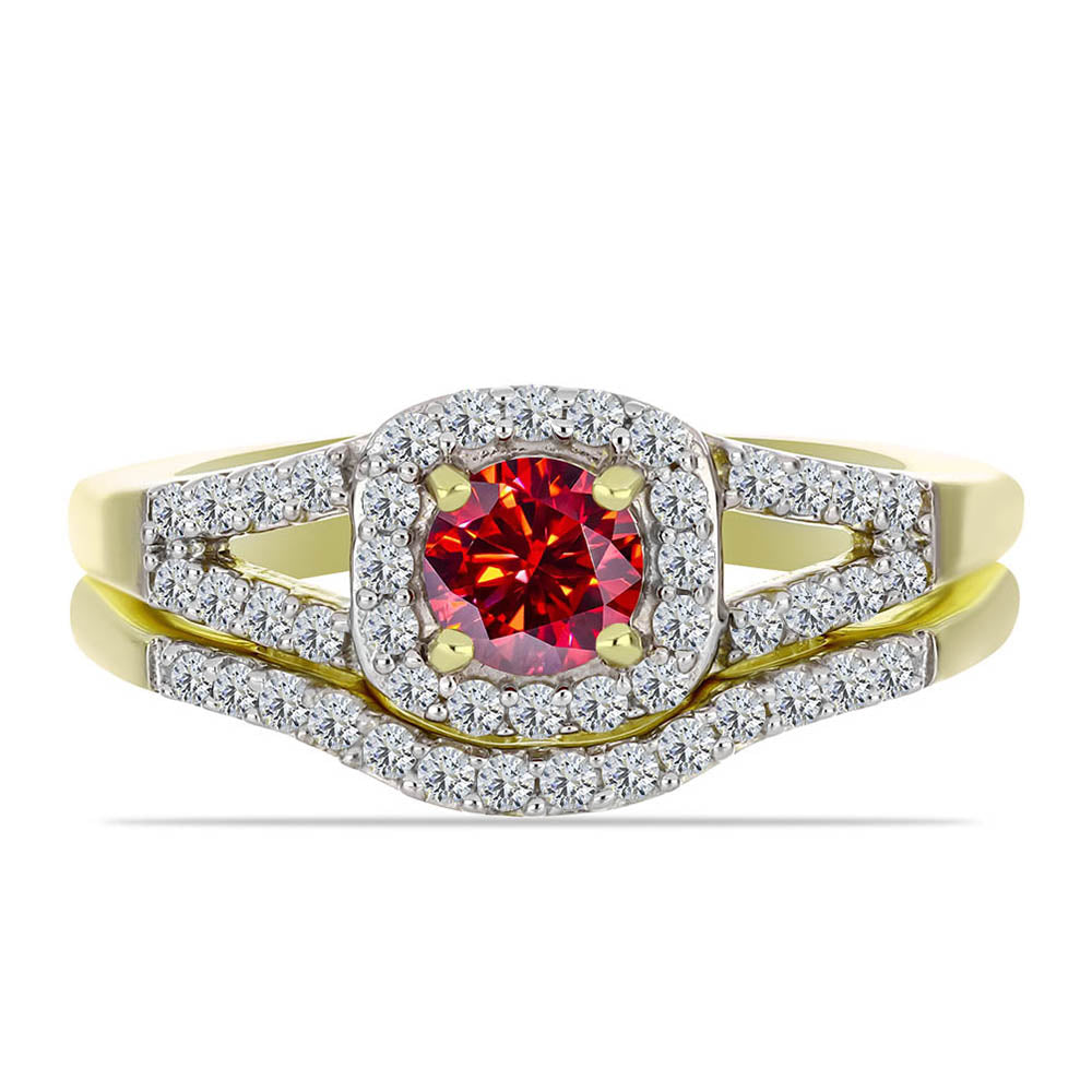 Arannyal Bevont Ezüst Gyűrű Fenséges Vörös Moissanite-tal és Fehér Topázzal