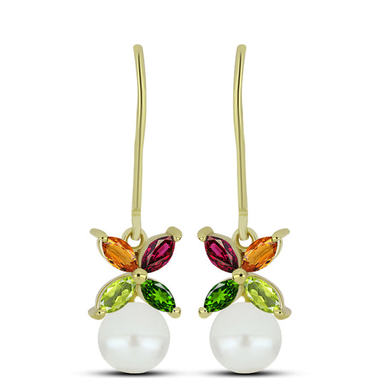 Arannyal Bevont Ezüst Fülbevaló Csakra Tourmalinnal és Fehér Édesvízi Kagylógyönggyel
