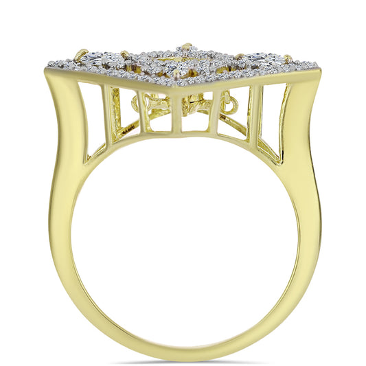 Arannyal Bevont Ezüst Gyűrű Kék Táncoló Gyémánttal és Fehér Topázzal