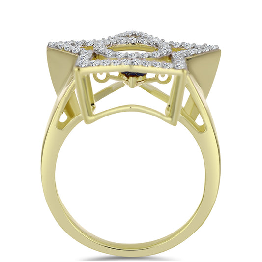 Arannyal Bevont Ezüst Gyűrű Kék Táncoló Gyémánttal és Fehér Topázzal