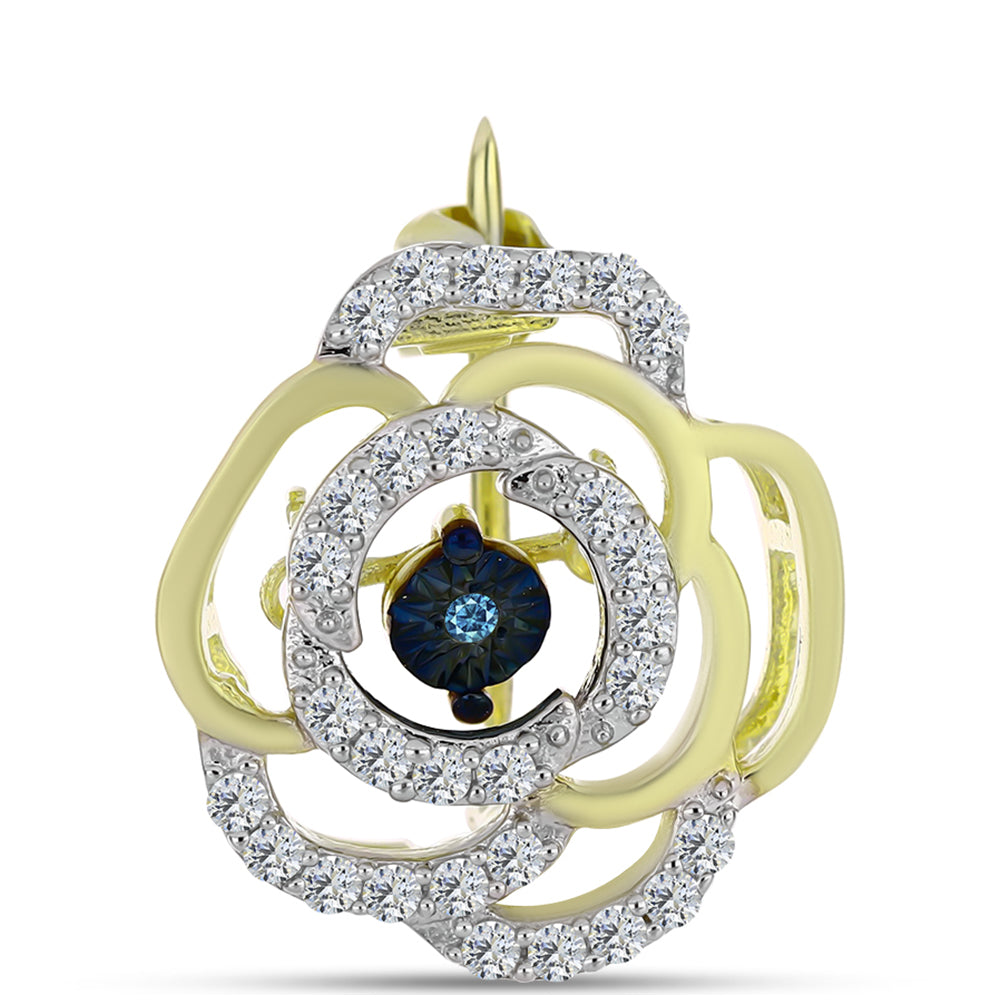 Arannyal Bevont Ezüst Bross Kék Táncoló Gyémánttal és Fehér Topázzal