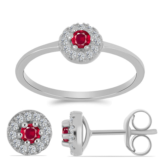 Ezüst Szett Madagaszkári Rubinnal és Fehér Topázzal ( Fülbevaló+Gyűrű )