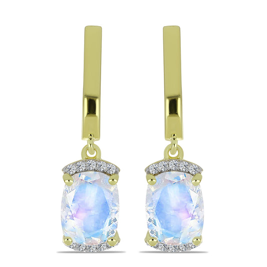 Arannyal Bevont Ezüst Fülbevaló Szivárvány Holdkővel és Fehér Topázzal