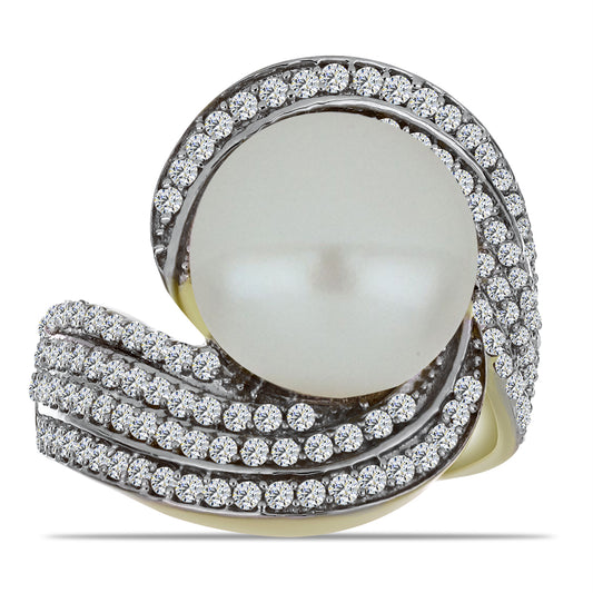 Arannyal Bevont Ezüst Gyűrű Fehér Édesvízi Kagylógyönggyel és Fehér Topázzal