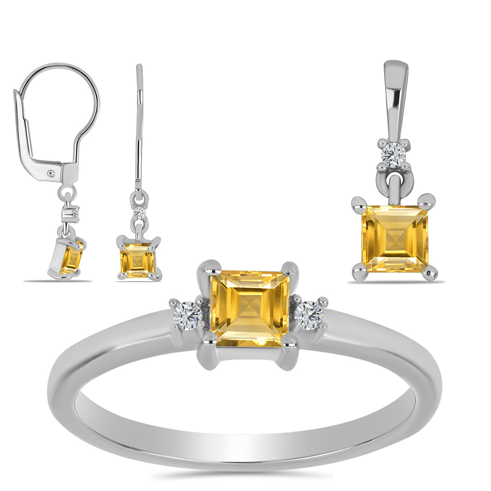 Ezüst Szett Ural Citrinnel és Fehér Topázzal ( Fülbevaló+Gyűrű+Medál ) 1 