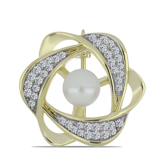 Arannyal Bevont Ezüst Bross Fehér Édesvízi Kagylógyönggyel és Fehér Topázzal