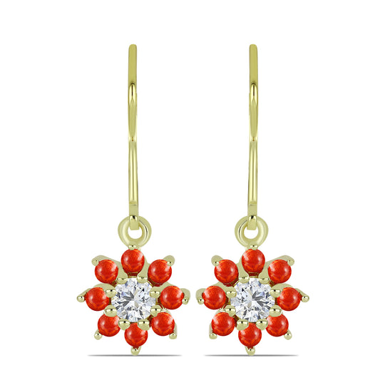 Arannyal Bevont Ezüst Fülbevaló Vörös Szivacs Korallal és Fehér Topázzal