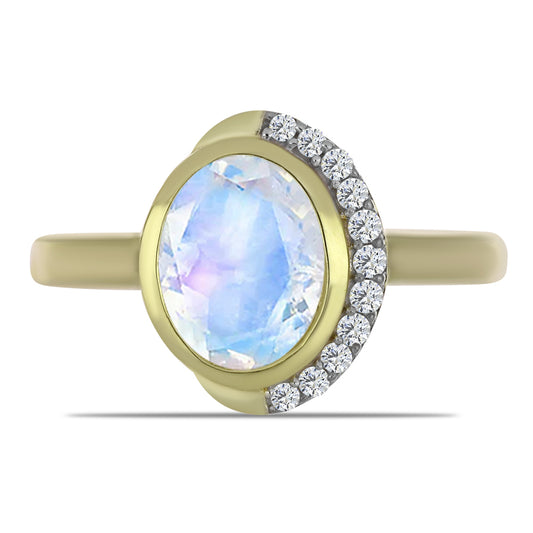 Arannyal Bevont Ezüst Gyűrű Szivárvány Holdkővel és Fehér Topázzal