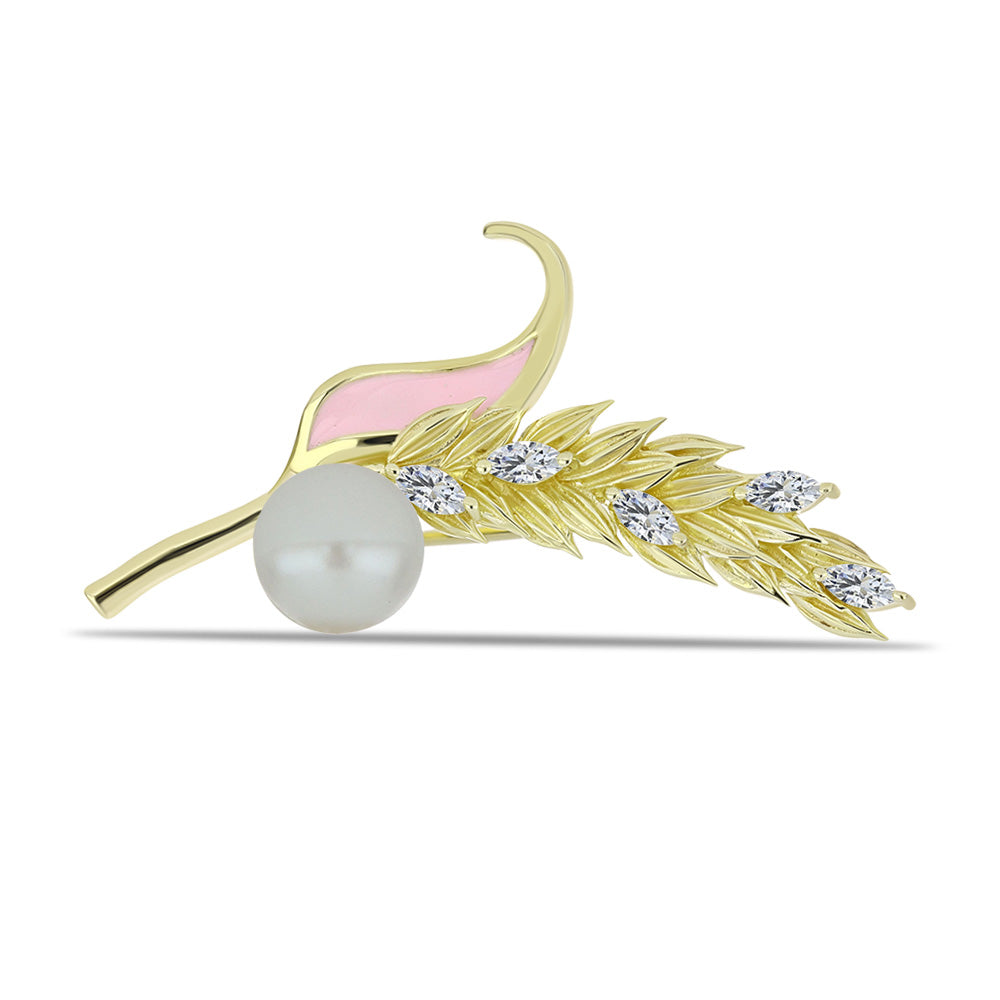 Arannyal Bevont Ezüst Bross Fehér Édesvízi Kagylógyönggyel és Fehér Topázzal 1 