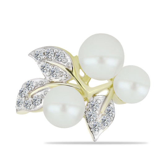 Arannyal Bevont Ezüst Gyűrű Fehér Édesvízi Kagylógyönggyel és Fehér Topázzal