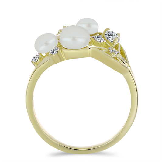 Arannyal Bevont Ezüst Gyűrű Fehér Édesvízi Kagylógyönggyel és Fehér Topázzal