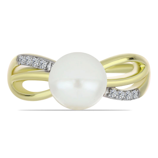 Arannyal Bevont Ezüst Gyűrű Fehér Édesvízi Kagylógyönggyel és Fehér Topázzal