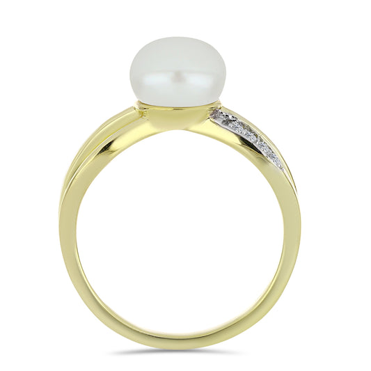 Arannyal Bevont Ezüst Gyűrű Fehér Édesvízi Kagylógyönggyel és Fehér Topázzal