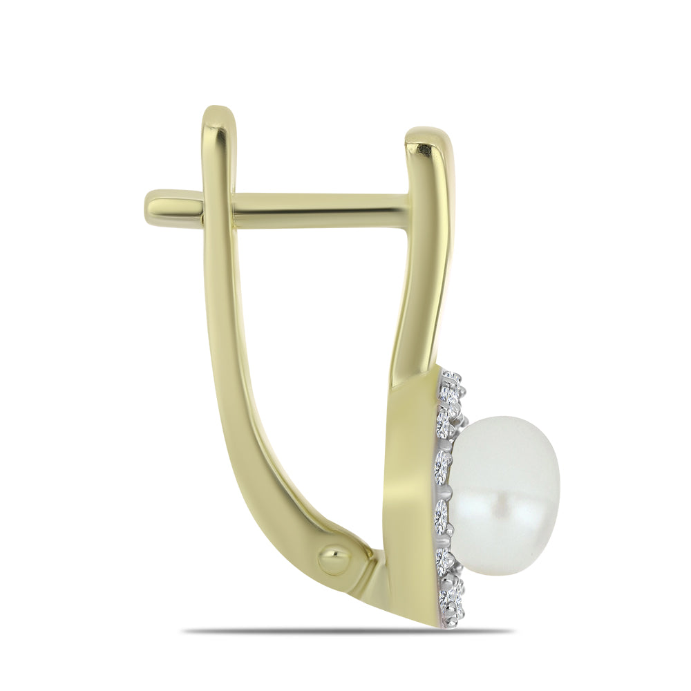 Arannyal Bevont Ezüst Fülbevaló Fehér Édesvízi Kagylógyönggyel és Fehér Topázzal 2 