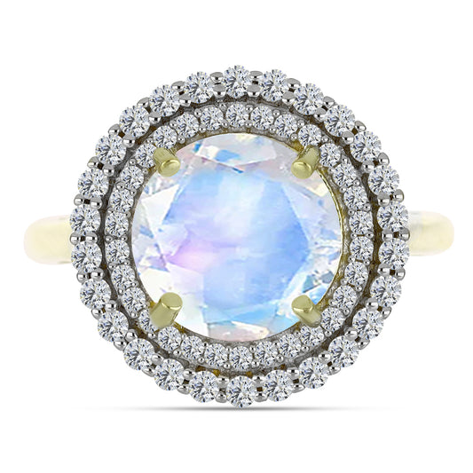 Arannyal Bevont Ezüst Gyűrű Szivárvány Holdkővel és Aquamarinnal