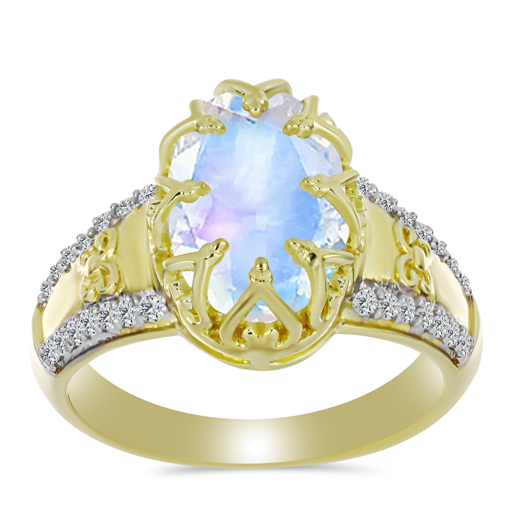 Arannyal Bevont Ezüst Gyűrű Szivárvány Holdkővel és Fehér Topázzal 3 