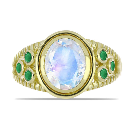 Arannyal Bevont Ezüst Gyűrű Szivárvány Holdkővel és Brazil Smaragddal