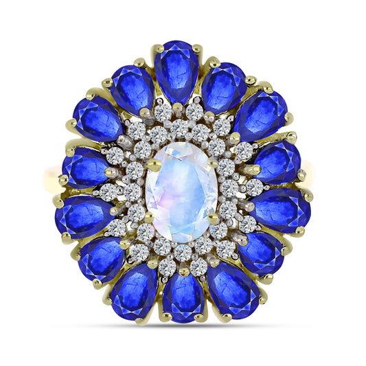 Arannyal Bevont Ezüst Gyűrű Szivárvány Holdkővel és Ausztrál Kék Zafírral