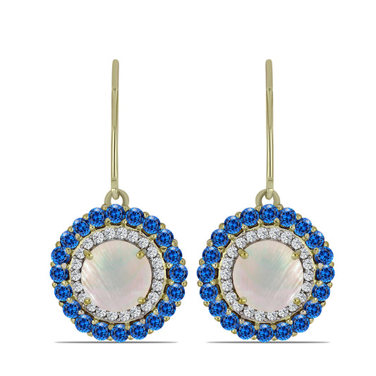 Arannyal Bevont Ezüst Fülbevaló Szivárvány Holdkővel és Ausztrál Kék Zafírral